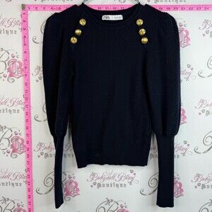 Zara sweater nautical military style gold Navy Ribbed Sweater with Gold Buttons